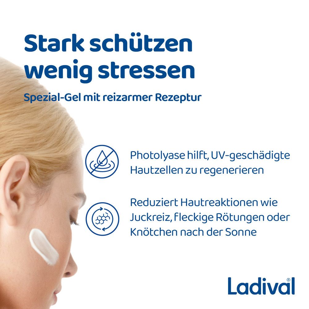 Frau mit Creme auf der Haut. Text: Stark schützen wenig stressen. Spezial-Gel mit reizarmer Rezeptur. Photolyase hilft.