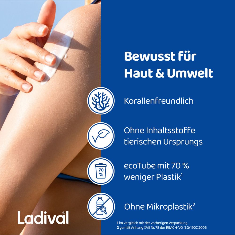 Arm mit Creme. Text: Bewusst für Haut & Umwelt. Korallenfreundlich, ohne tierische Inhaltsstoffe, ecoTube mit 70% weniger Plastik.