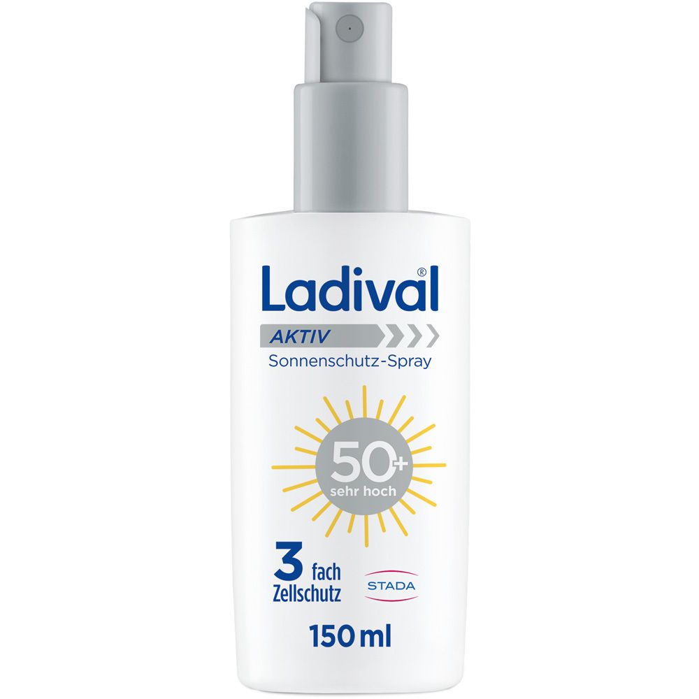 Ladival Aktiv Sonnenschutz-Spray LSF 50+. Weiße Flasche mit grauem Sprühkopf. Text: Aktiv, 50+, 3-fach Zellschutz, 150 ml.