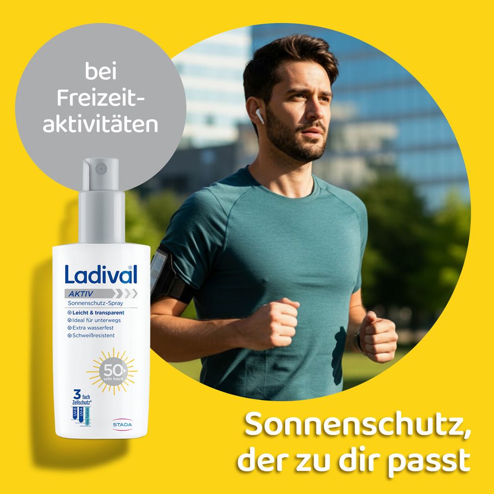 Mann rennt. Ladival Aktiv Sonnenschutz-Spray. Text: Bei Freizeitaktivitäten, Sonnenschutz, der zu dir passt.
