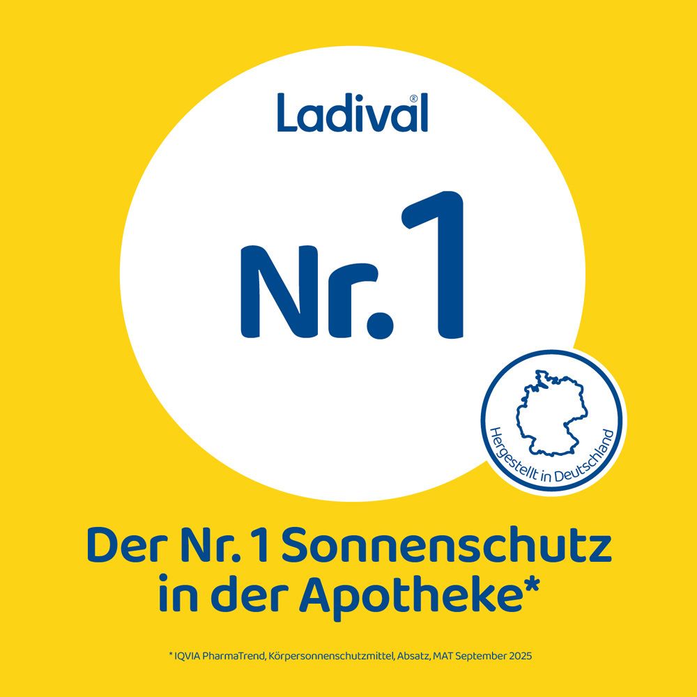 Weißer Kreis mit Text: Ladival Nr. 1 in der Apotheke. Logo: Hergestellt in Deutschland.