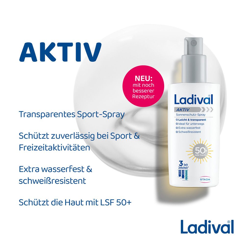 Ladival Aktiv Sonnenschutz-Spray. Text: Aktiv, Transparentes Sport-Spray, schützt bei Sport & Freizeit, extra wasserfest & schweißresistent, LSF 50+.