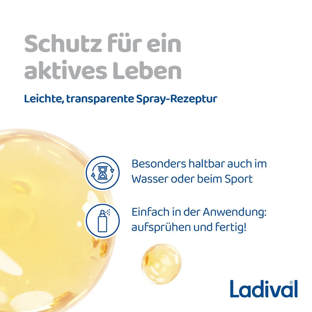 Gelbe Flüssigkeit. Text: Schutz für ein aktives Leben, leichte, transparente Spray-Rezeptur, besonders haltbar, einfach in der Anwendung.