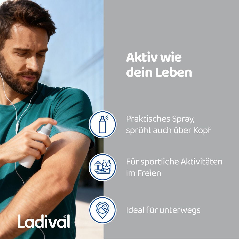 Mann sprüht sich Ladival Aktiv Sonnenschutz-Spray auf den Arm. Text: Aktiv wie dein Leben, praktisches Spray, für sportliche Aktivitäten, ideal für unterwegs.