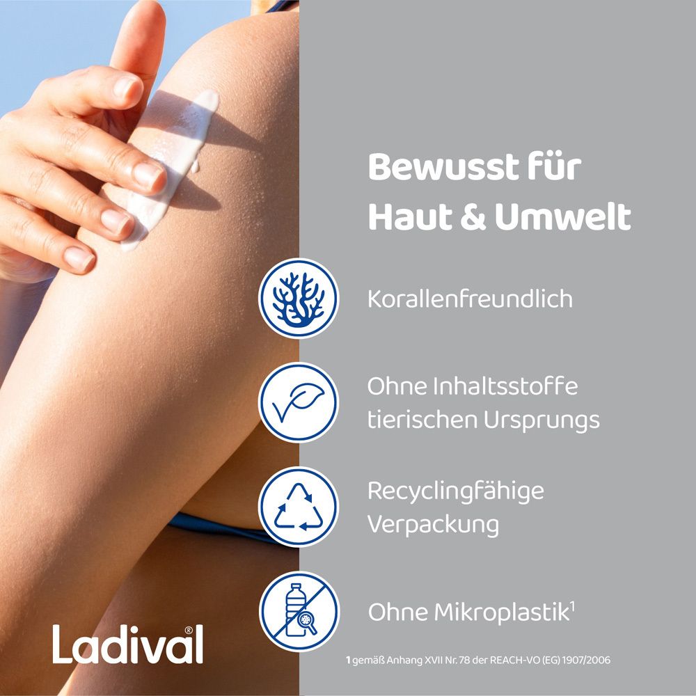 Text: Bewusst für Haut & Umwelt. Korallenfreundlich, ohne tierische Inhaltsstoffe, recyclingfähige Verpackung, ohne Mikroplastik.