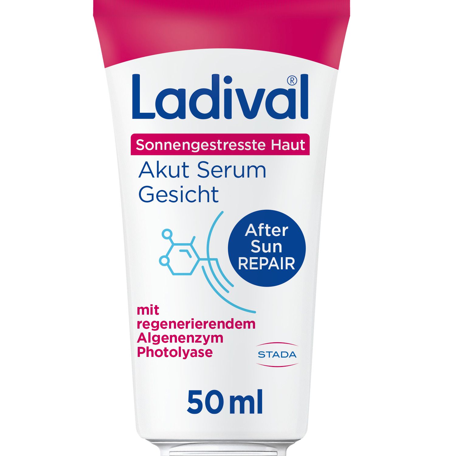Ladival® Akut Serum Gesicht Tube. Weiß mit pinkfarbenem Deckel. Enthält 50 ml. Text: Sonnengestresste Haut, After Sun Repair.