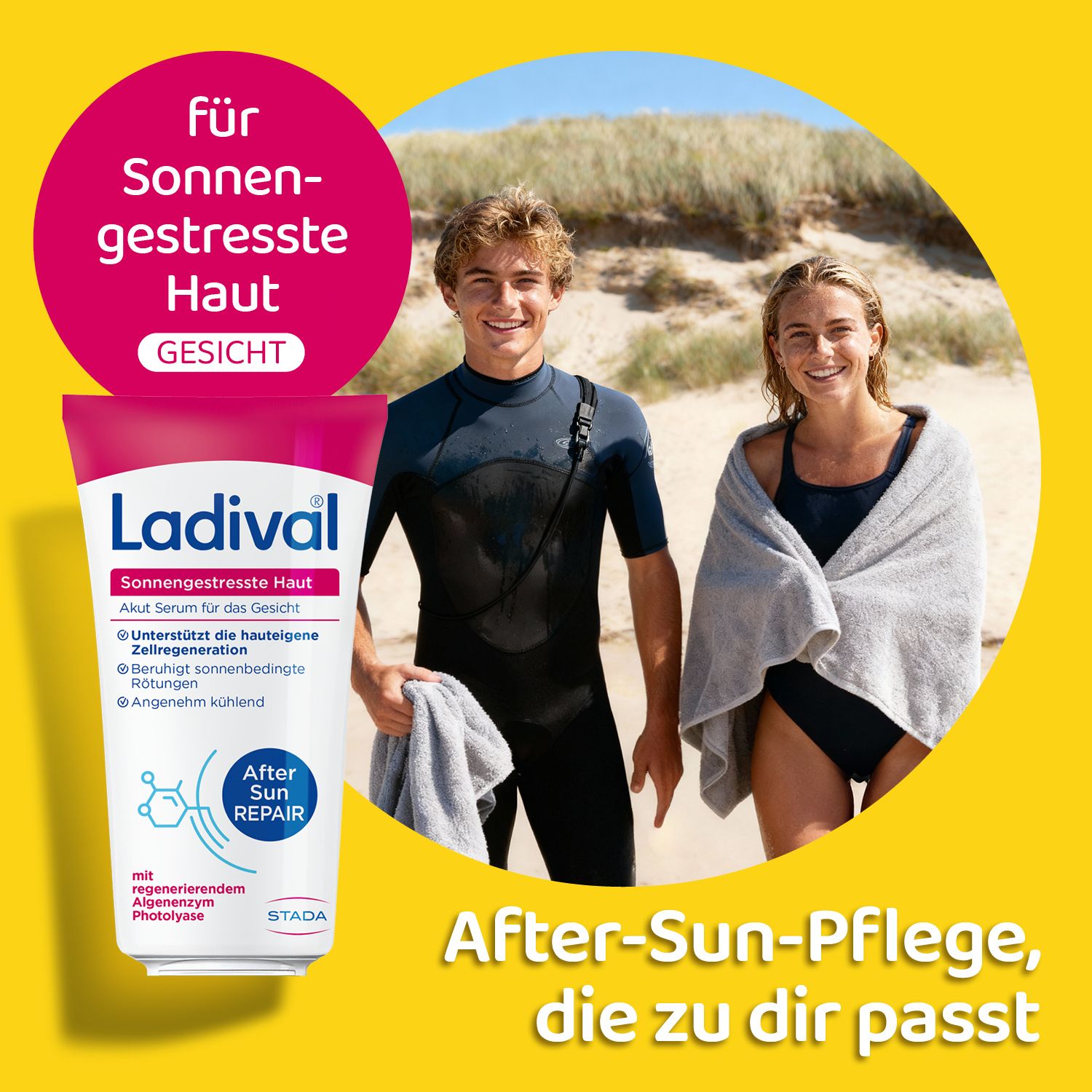 Zwei Personen am Strand. Ladival® Akut Serum Gesicht Tube. Text: After-Sun-Pflege, die zu dir passt. Für sonnengestresste Haut.