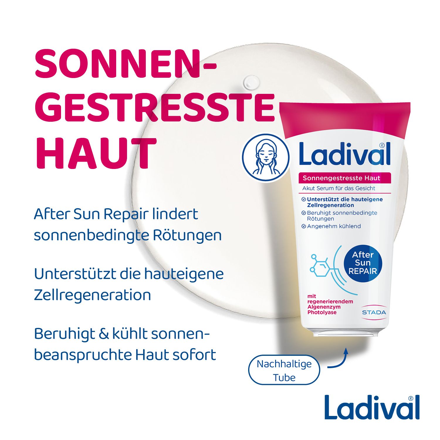 Ladival® Akut Serum Gesicht Tube und Text: Sonnengestresste Haut, After Sun Repair. Beruhigt & kühlt sonnenbeanspruchte Haut sofort.