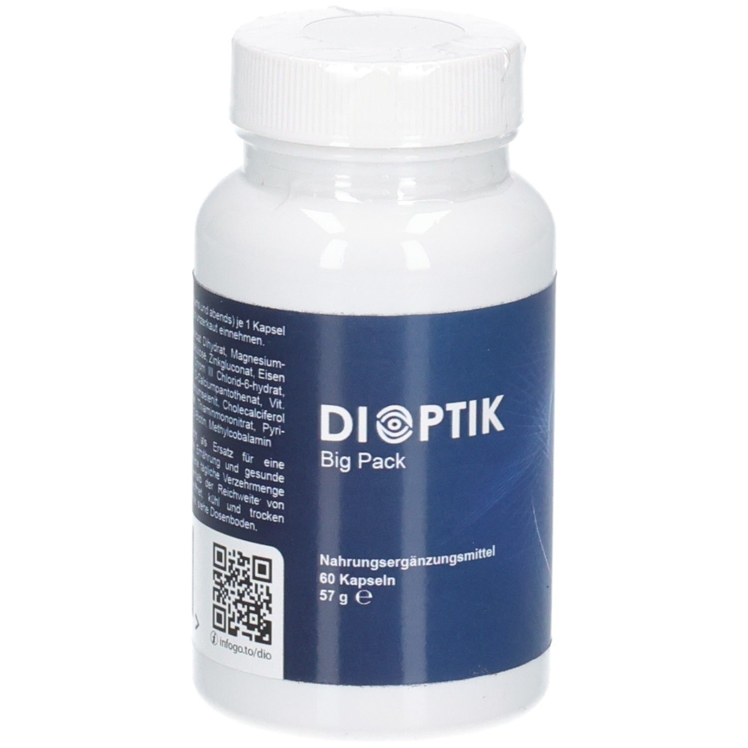 DIOPTIK Big Pack Kapseln: Weiße Dose mit blauem Etikett, 60 Kapseln, 57 g.