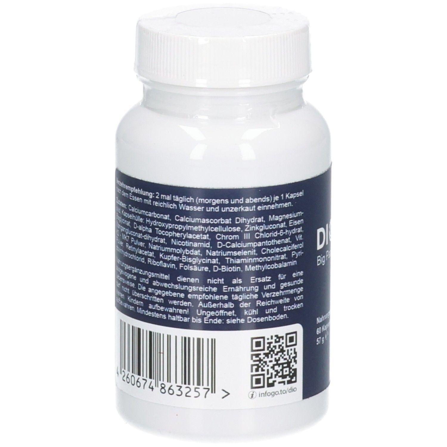 Rückseite der DIOPTIK Big Pack Kapseldose mit Zutatenliste und Barcode.