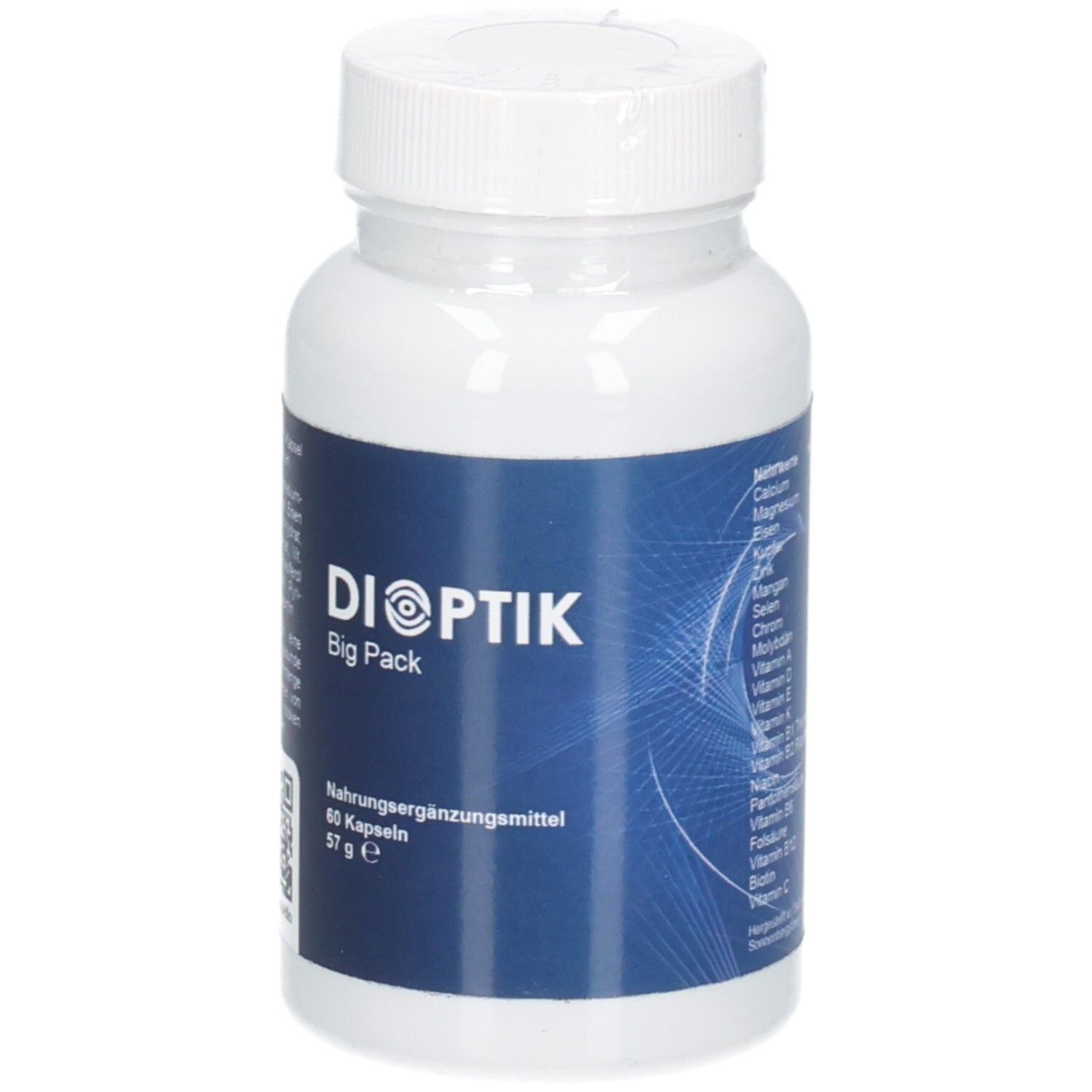 DIOPTIK Big Pack Kapseln: Dose mit blauem Etikett, zeigt Markennamen und Produktinformationen.