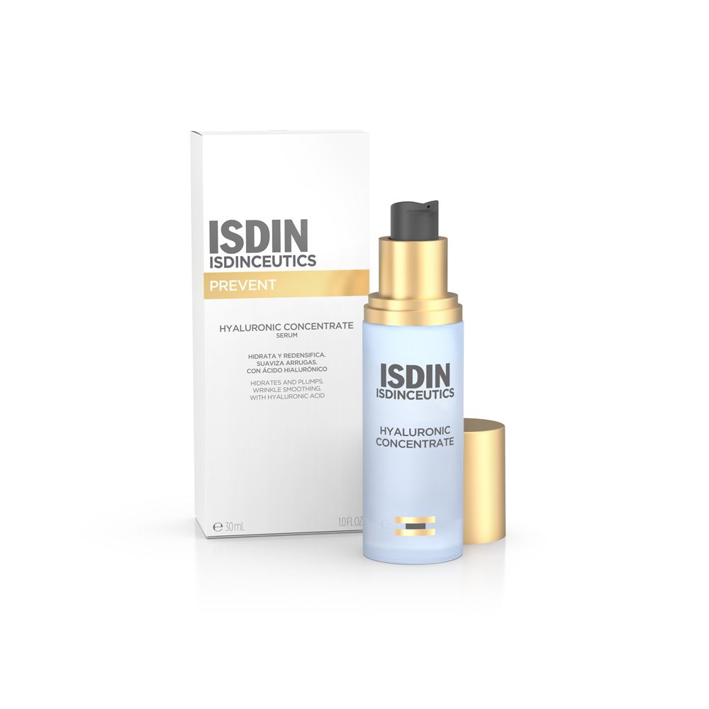 Isdin Hyaluronic Concentrate Serum in einer Pumpsprühflasche neben der Verpackung.