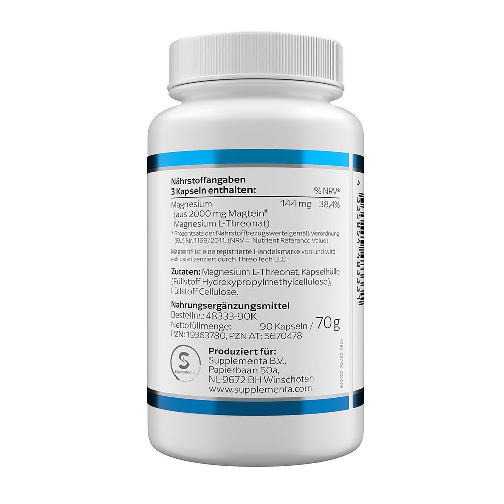 Weiße Kapsel-Flasche mit blauem Etikett: Magtein Magnesium L-Threonat von Klean Labs, 90 Kapseln.