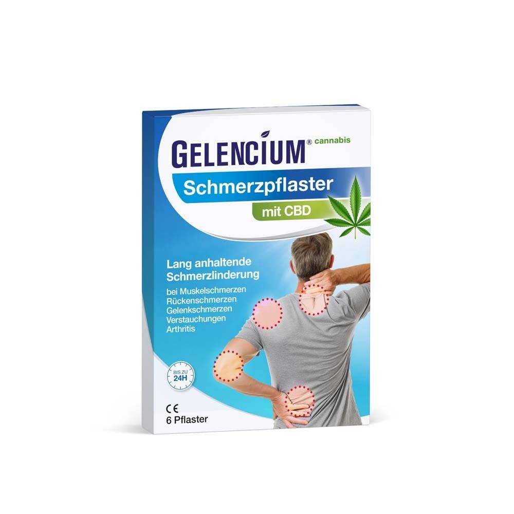 Verpackung von GELENCIUM® Schmerzpflaster mit CBD. 6 Pflaster, CE-Zeichen, 24h-Symbol. Illustration eines Mannes mit Schmerzpunkten.