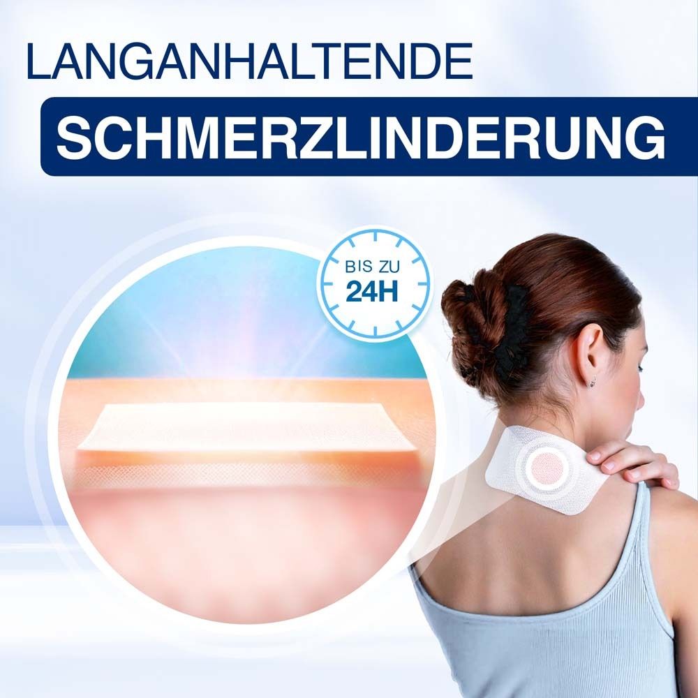 Frau mit Pflaster am Hals. Text: Langanhaltende Schmerzlinderung, Bis zu 24h. Pflaster auf Haut.