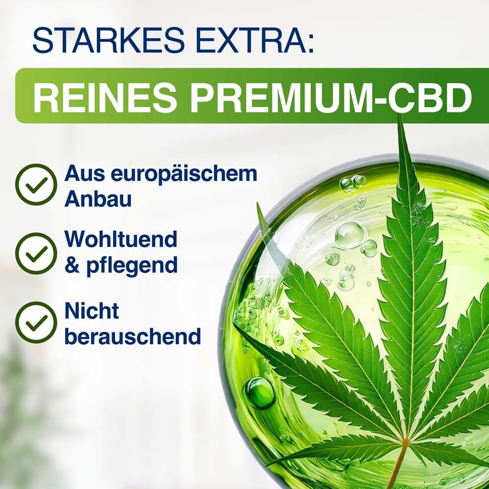 Grafik: Reines Premium-CBD. Aus europäischem Anbau, wohltuend & pflegend, nicht berauschend. Cannabis-Blatt in Kugel.