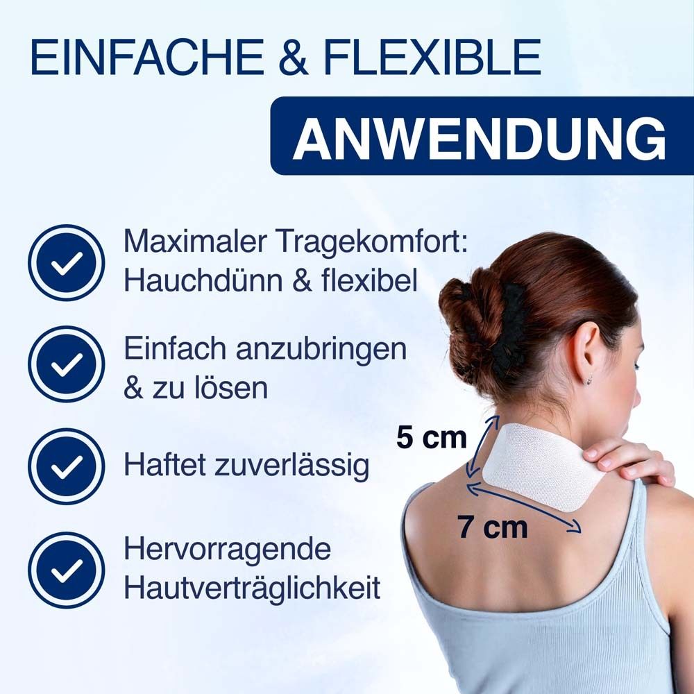 Grafik: Einfache & flexible Anwendung. Maximaler Tragekomfort, einfach anzubringen, haftet zuverlässig, hautverträglich. Maße: 5x7 cm.