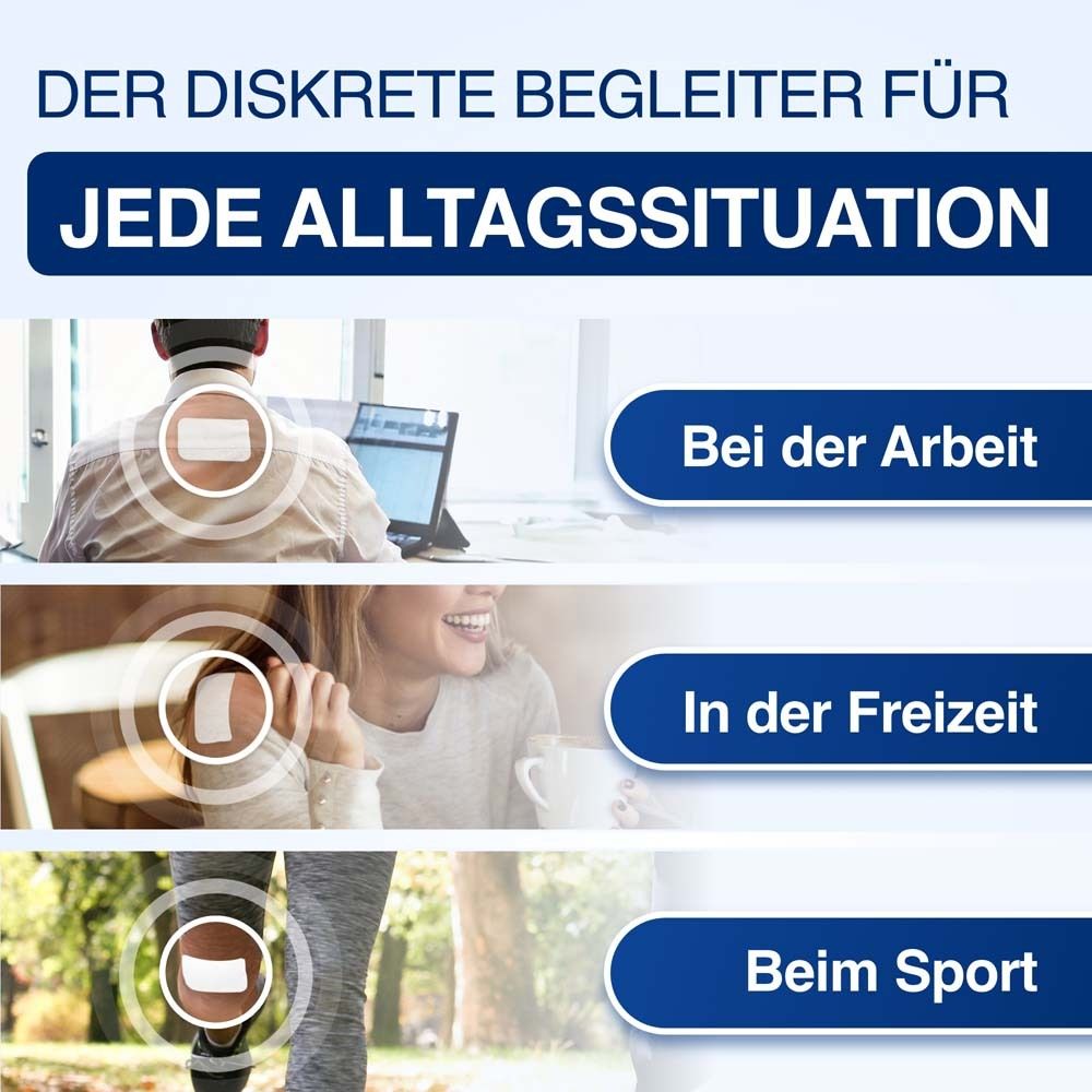 Grafik: Der diskrete Begleiter für jede Alltagssituation. Pflaster bei der Arbeit, in der Freizeit, beim Sport.