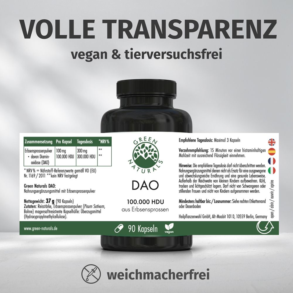 GREEN NATURALS DAO Behälter mit Etikett, das vegan und tierversuchsfrei angibt.