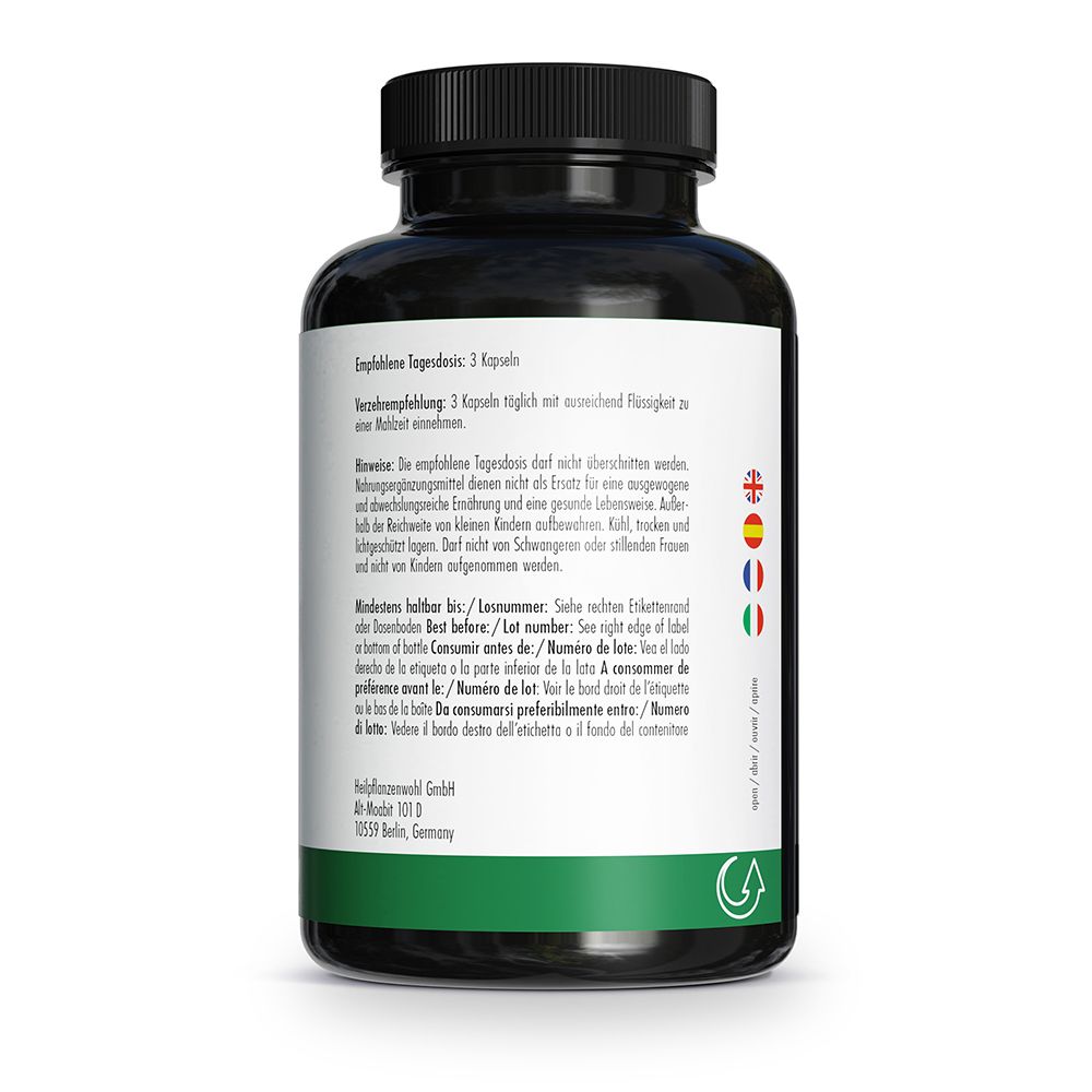 Rückseite einer Flasche GREEN NATURALS Kirschkapseln mit Anwendungshinweisen in mehreren Sprachen.