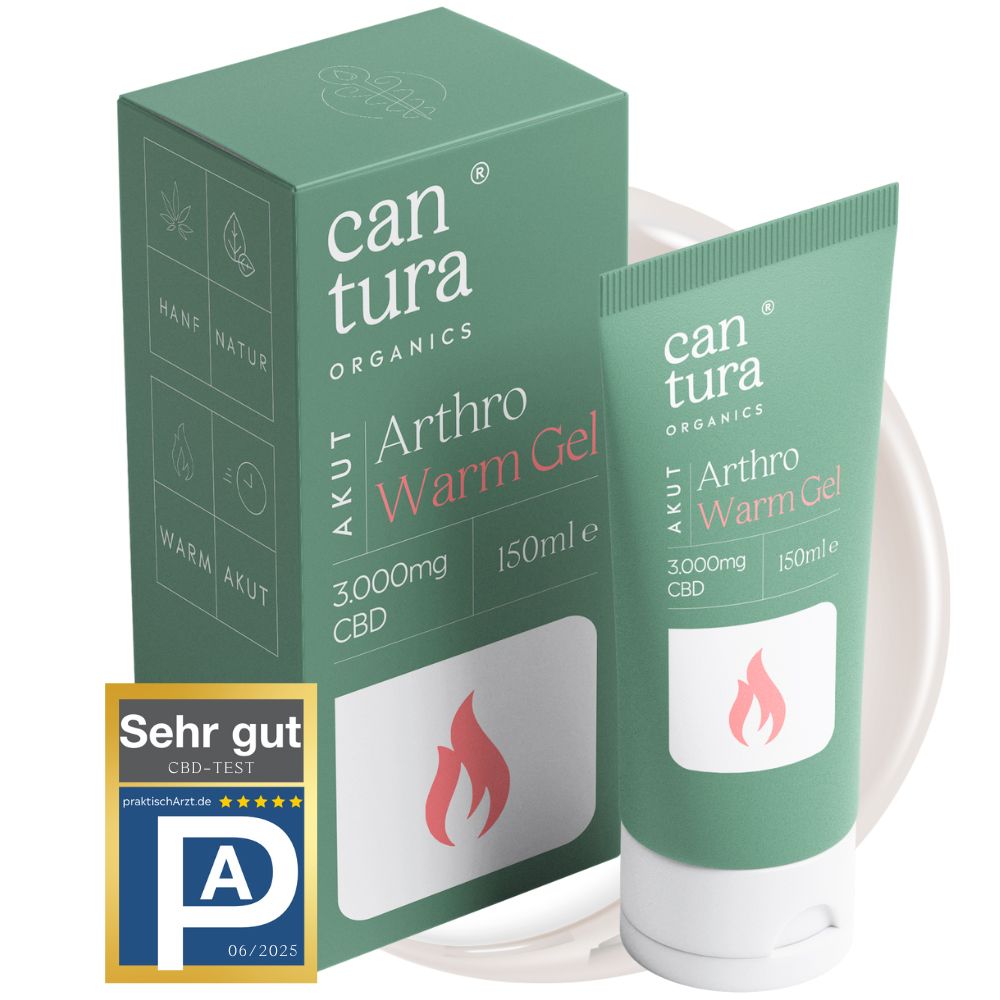 Grüne Tube und Schachtel mit Aufschrift "Cantura Arthro Warm Gel". Enthält 3.000mg CBD. Mit CBD-Test Siegel.
