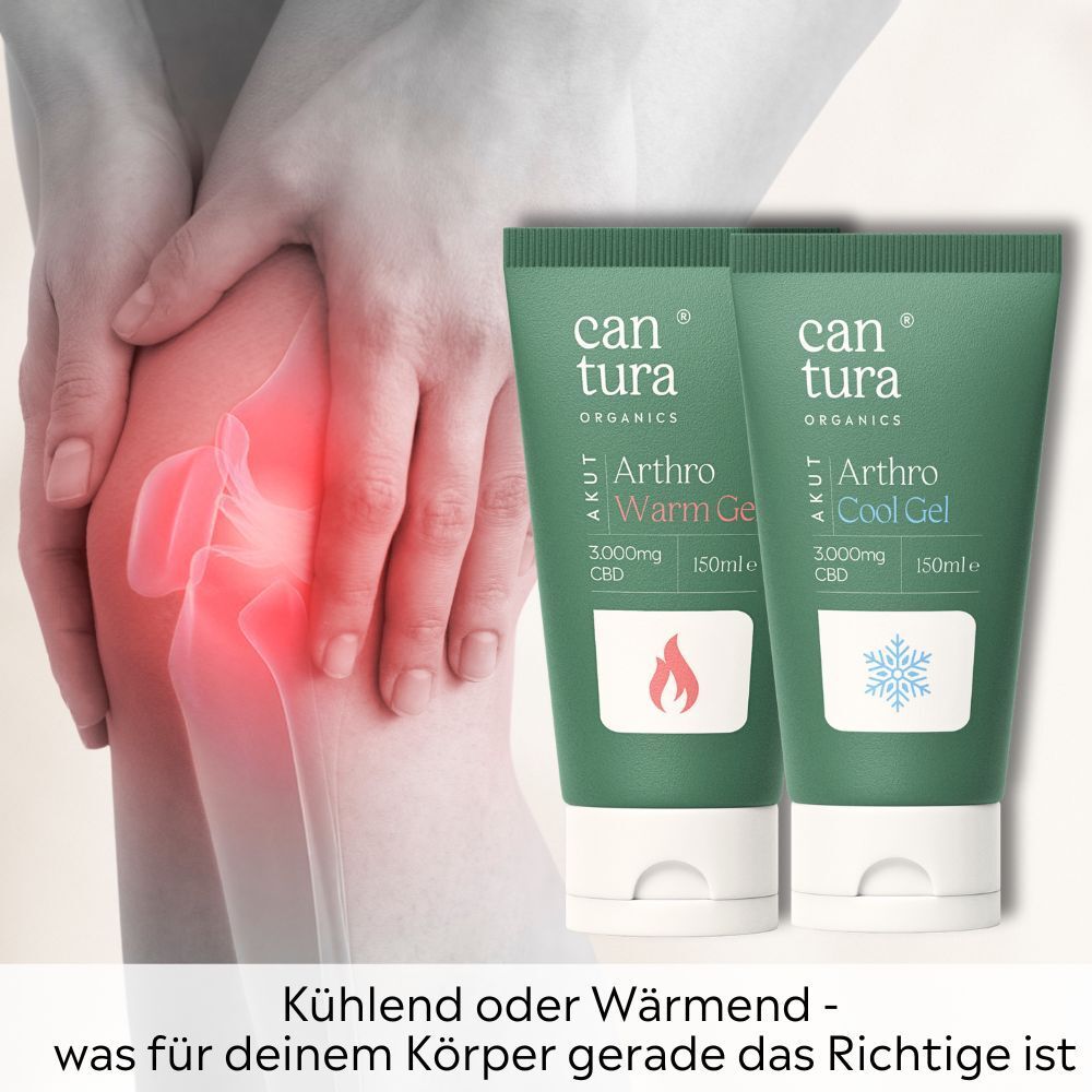 Zwei grüne Gel-Tuben mit weißem Deckel. Text: Arthro Cool Gel und Warm Gel, 3.000mg CBD, 150ml. Marke: Cantura. Abgebildet: Knie.