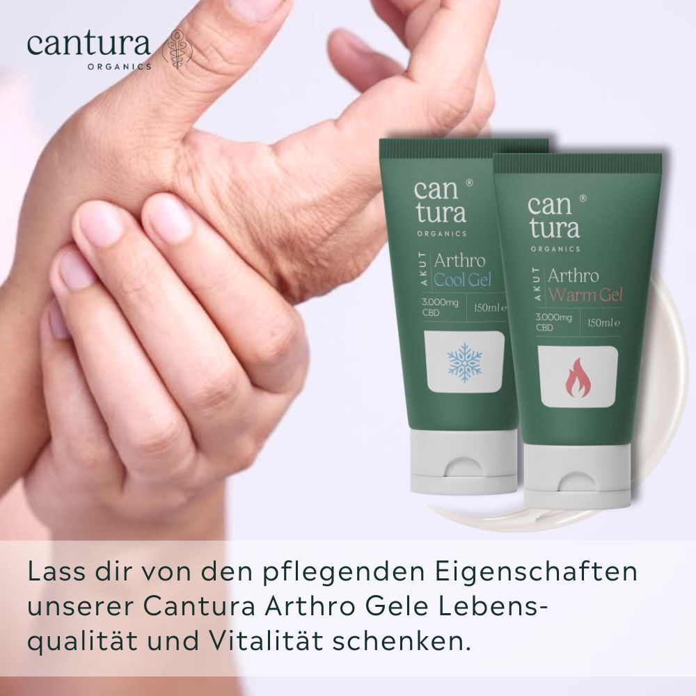 Zwei grüne Gel-Tuben mit weißem Deckel. Text: Arthro Cool Gel und Warm Gel, 3.000mg CBD, 150ml. Marke: Cantura. Hand.