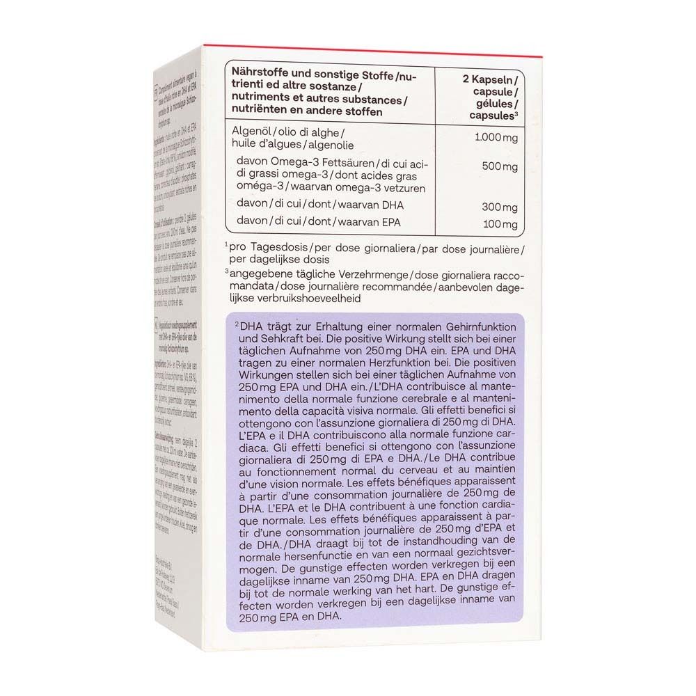 Rückseite der Redcare Omega-3 Vegan-Packung mit Nährwertangaben.