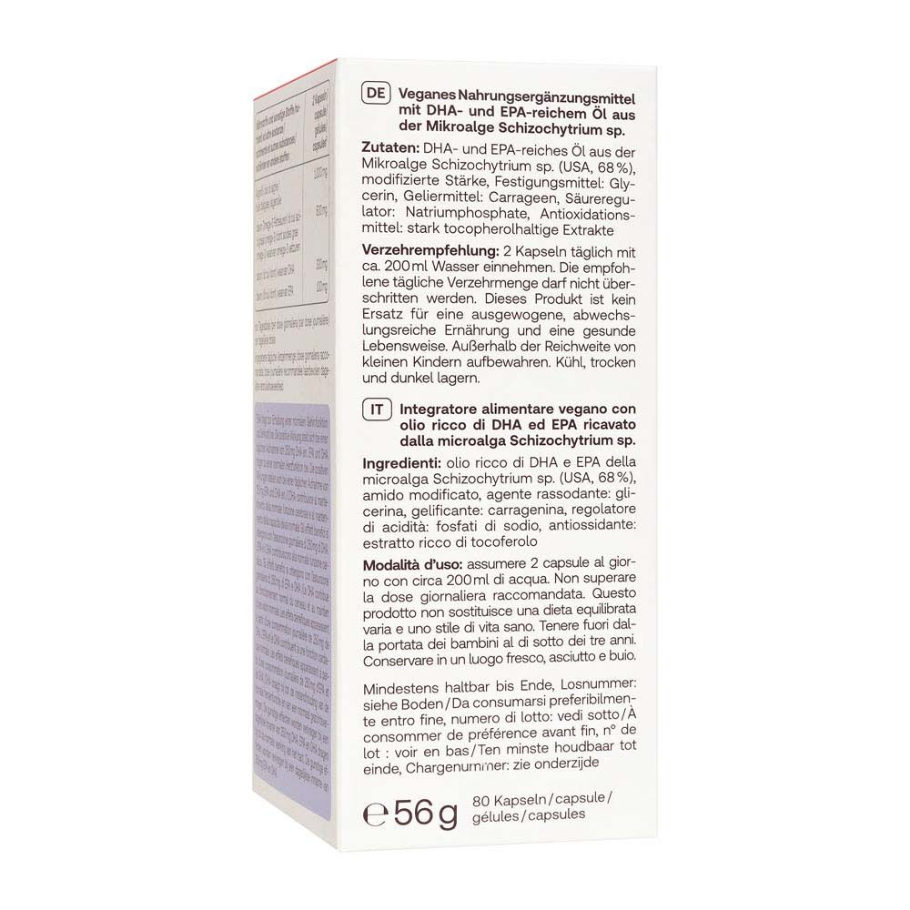 Rückseite der Redcare Omega-3 Vegan-Packung mit Inhaltsstoffen und Anwendung.