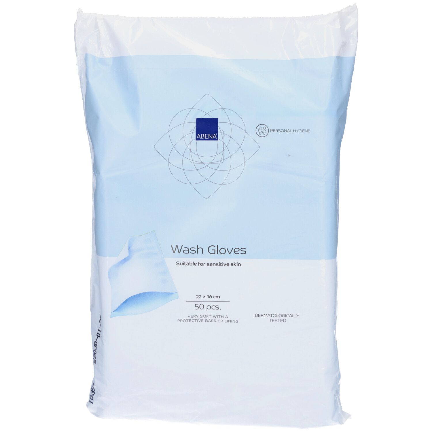 Verpackung mit Waschhandschuhen. Marke Abena, 22 x 16 cm, 50 Stück. Geeignet für empfindliche Haut. Dermatologisch getestet.