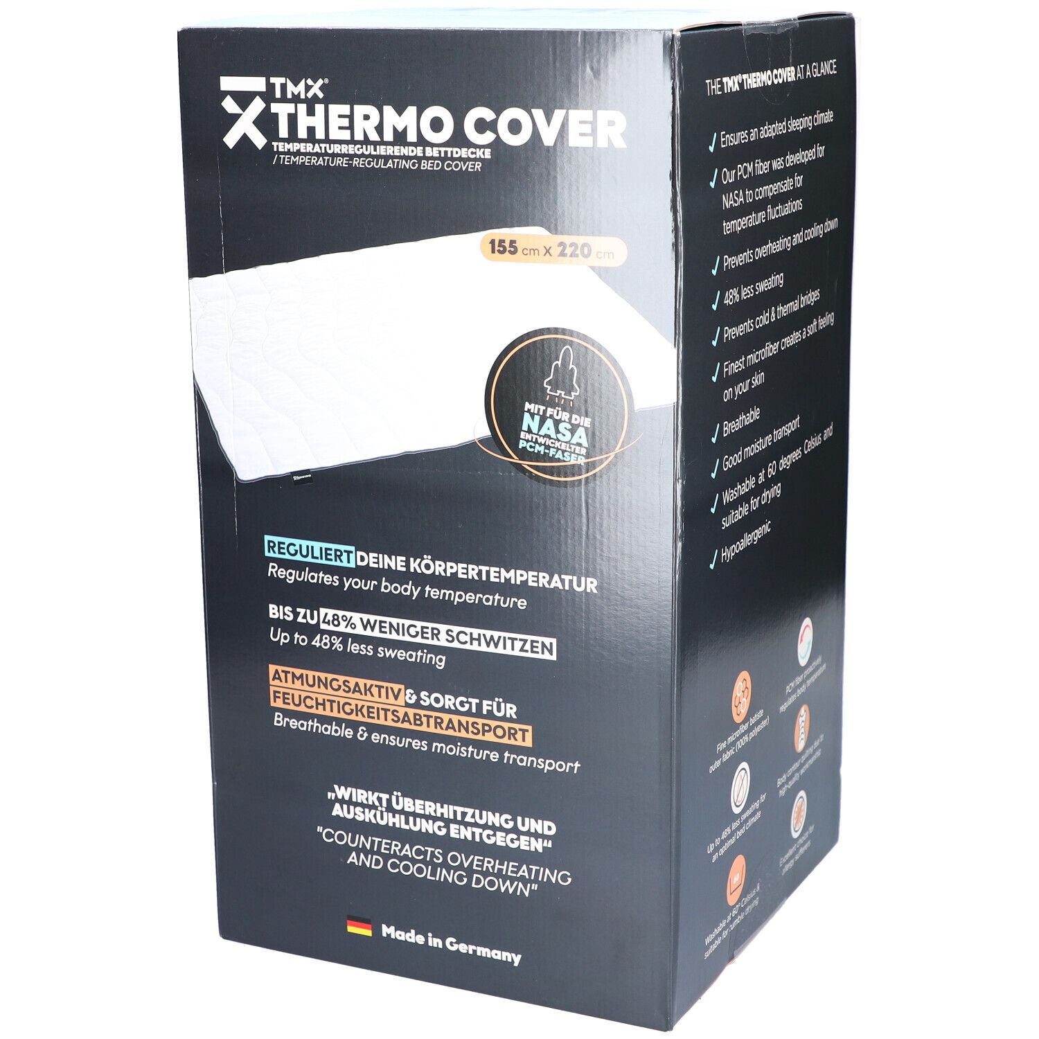 TMX THERMO COVER-Verpackung. Maße: 155 x 220 cm. Text: Temperaturregulierende Bettdecke. Mit NASA PCM-Faser. Reguliert die Körpertemperatur.