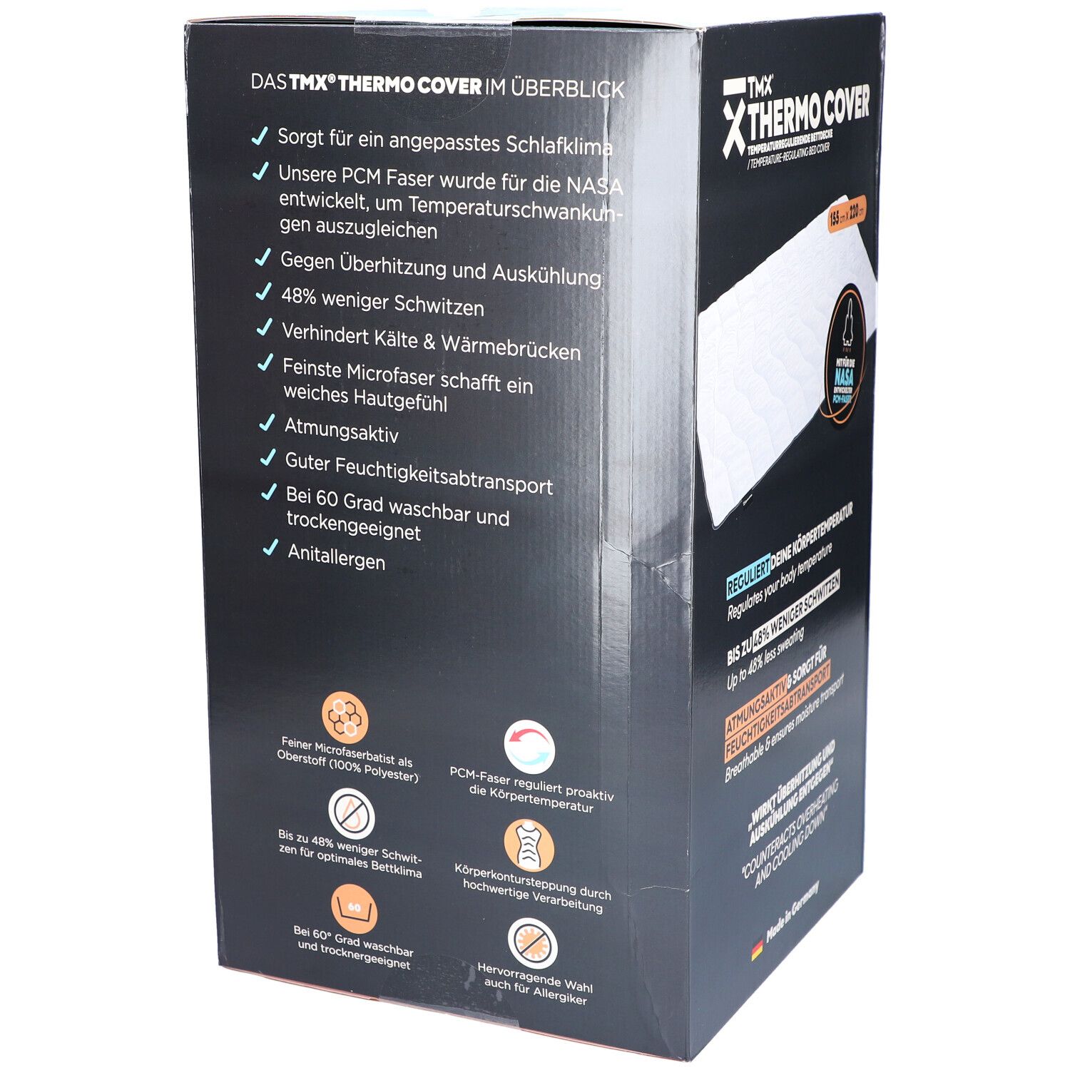 Rückseite der TMX THERMO COVER-Verpackung. Text: Das TMX THERMO COVER im Überblick. Vorteile: Temperaturregulierung, weniger Schwitzen, atmungsaktiv.