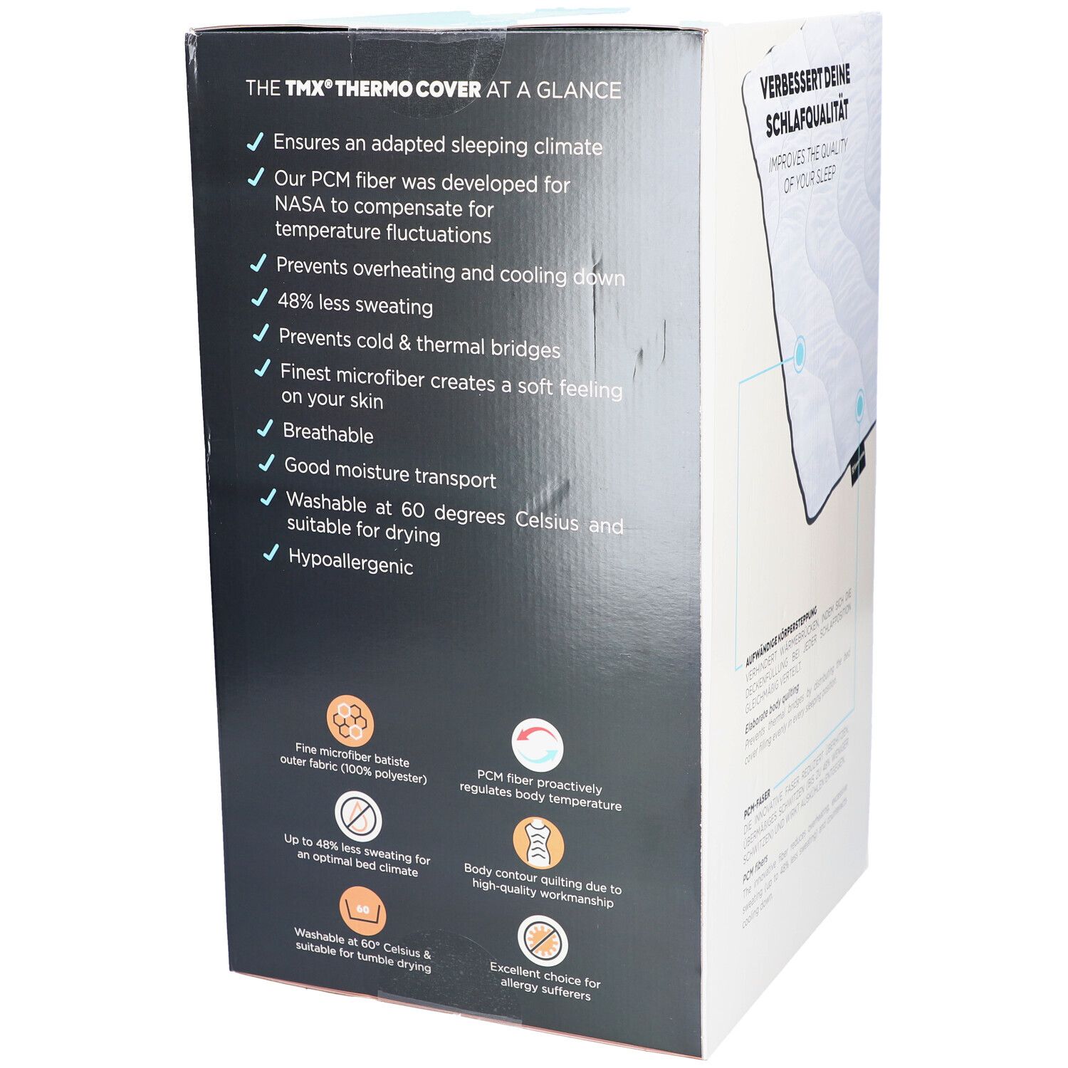 Verpackung mit Text: The TMX THERMO COVER at a glance. Vorteile: Temperaturregulierung, weniger Schwitzen, atmungsaktiv, für Allergiker geeignet.