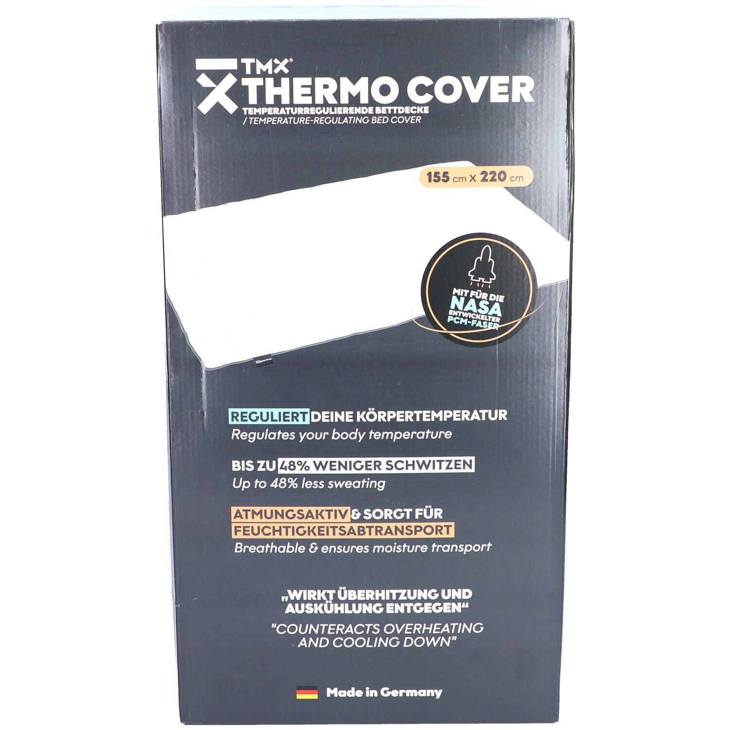 Vorderseite der TMX THERMO COVER-Verpackung. Maße: 155 x 220 cm. Text: Temperaturregulierende Bettdecke. Mit NASA PCM-Faser. Reguliert die Körpertemperatur.