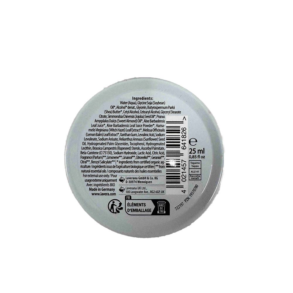 Lavera Basis Sensitive Creme, 25 ml. Inhaltsstoffe und Herstellungsland Deutschland auf der Rückseite.