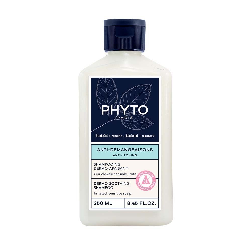 Weißliche Flasche mit blauem Deckel. Etikett mit Logo und Text: Anti-Juckreiz Shampoo. 250 ml.
