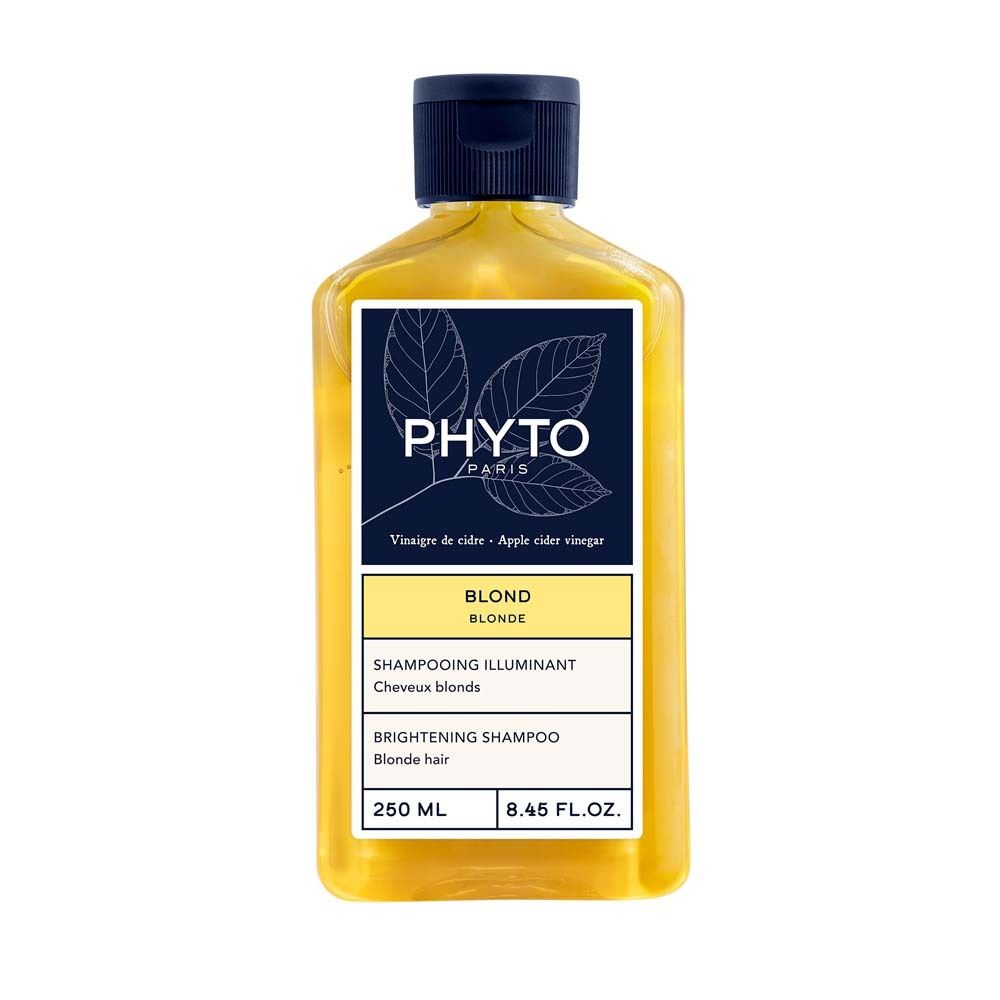 Gelbes Shampoo PHYTO PARIS Blond in Flasche. Schwarzer Deckel. Etikett mit Logo und Produktinformationen.