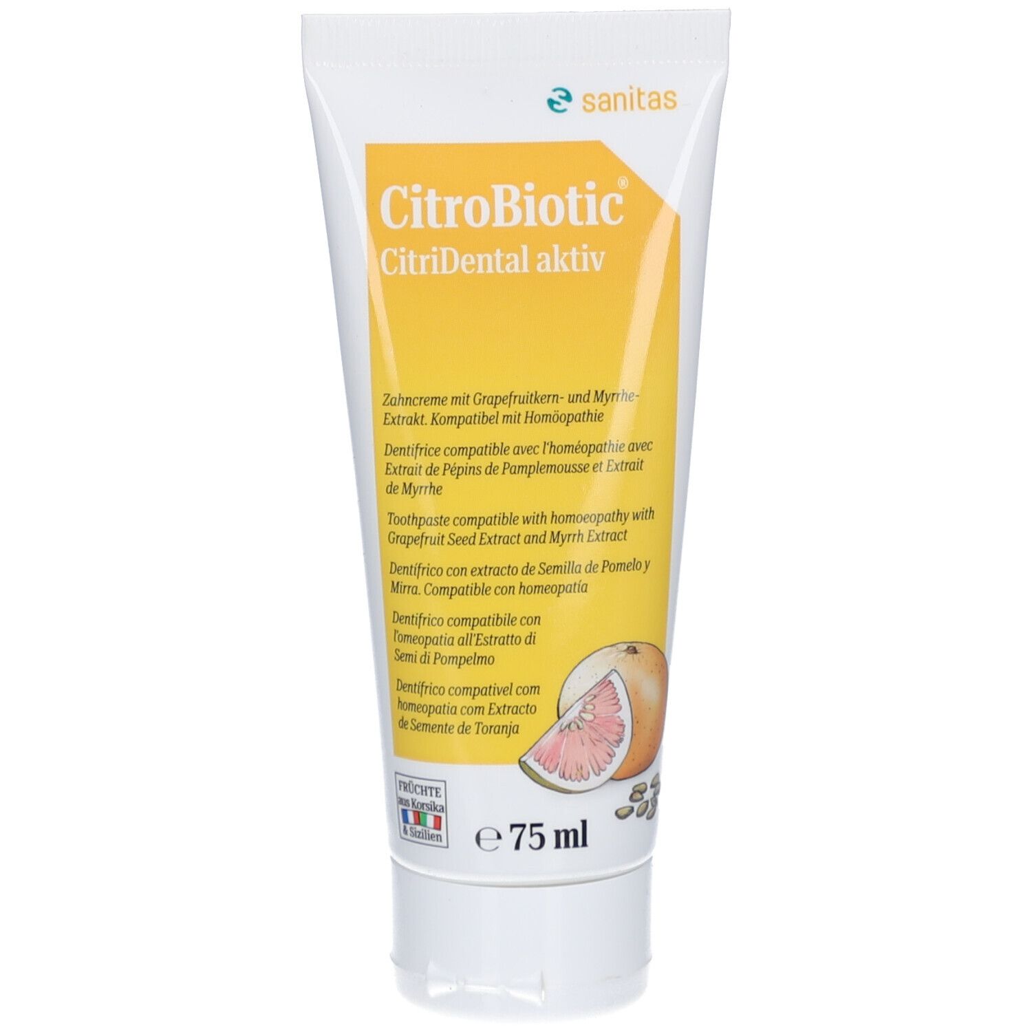 Zahnpasta-Tube CitroBiotic CitriDental aktiv. Weiß-gelbe Tube mit Produktnamen und Inhaltsangaben. Abbildung einer Grapefruit.