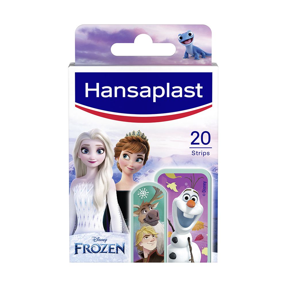 Hansaplast Disney FROZEN 2 Pflasterpackung. Enthält 20 Pflaster. Verpackung mit Elsa, Anna, Olaf und Sven.