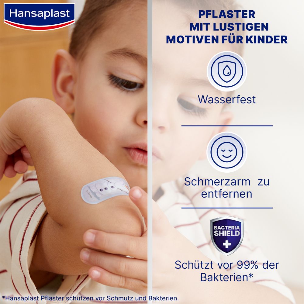 Kind mit Pflaster am Arm. Text: Pflaster mit lustigen Motiven für Kinder. Wasserfest, schmerzarm zu entfernen.