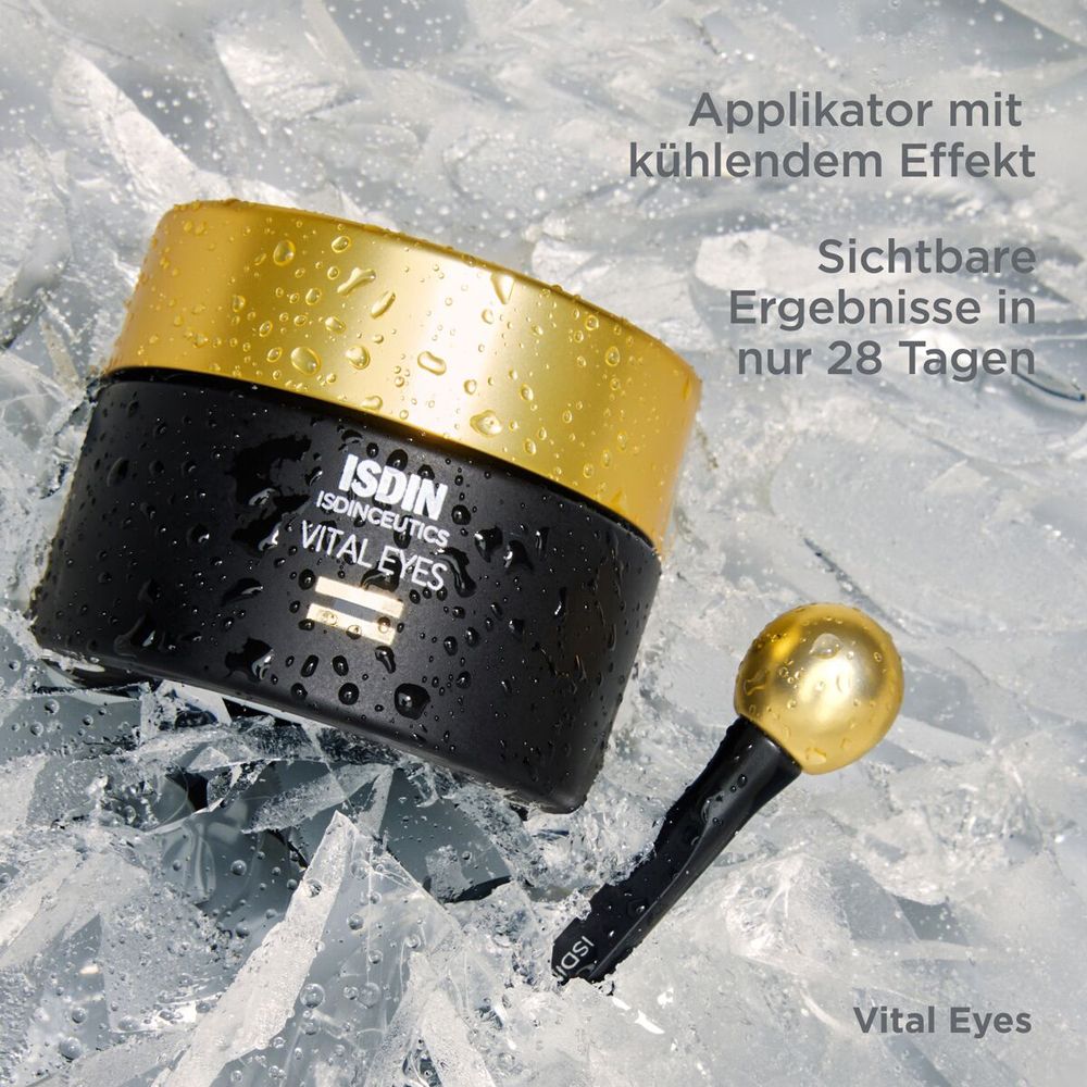 Schwarzer Tiegel mit goldfarbenem Deckel und Applikator auf Eis. Text: Vital Eyes. Applikator mit kühleffekt.