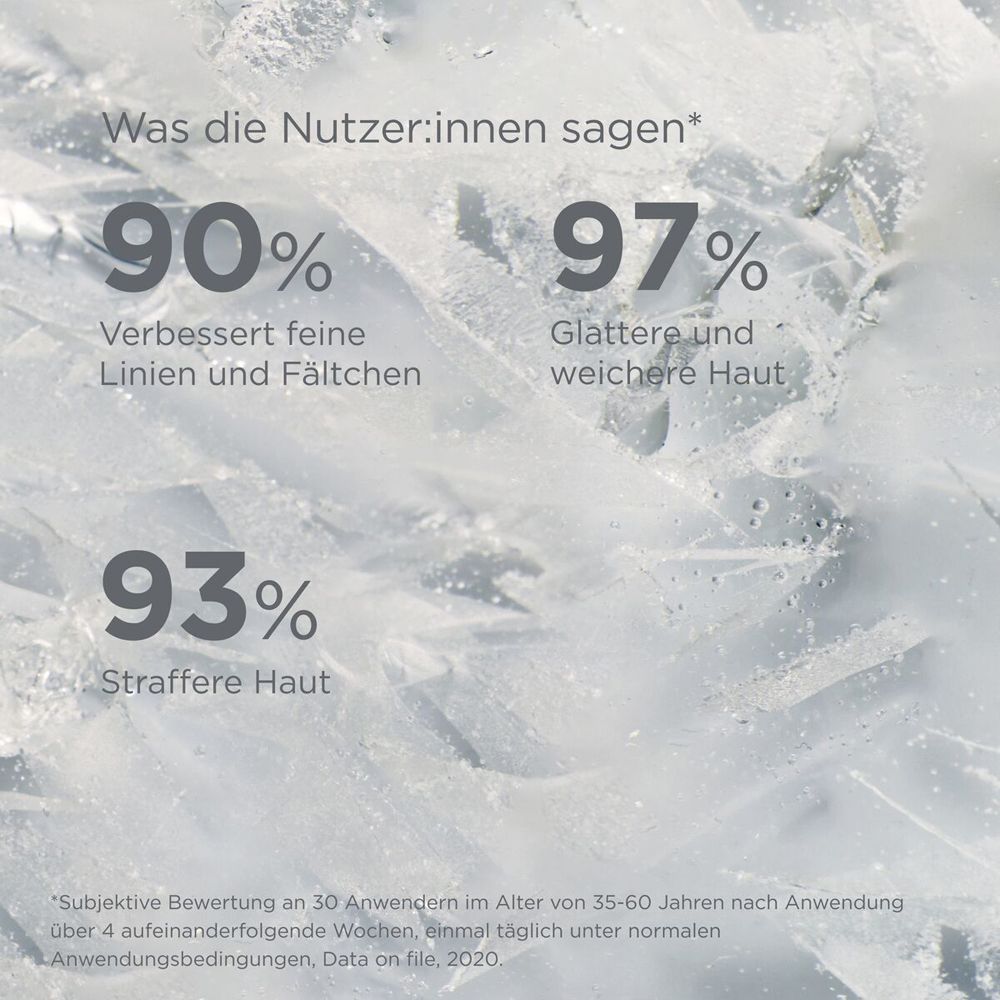 Text: 90% Verbesserung feine Linien und Fältchen, 97% glattere Haut, 93% straffere Haut.