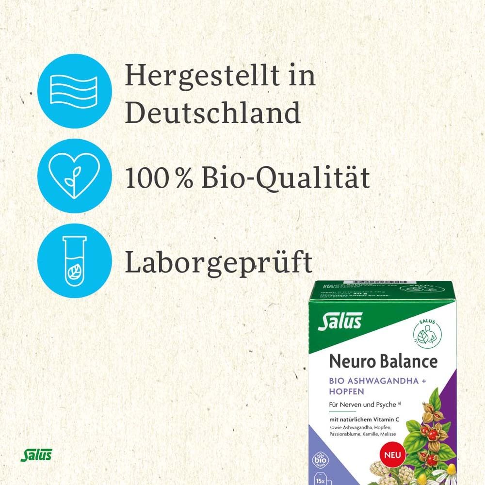 Produktverpackung: Neuro Balance Bio Hopfen. Text: Hergestellt in Deutschland, 100% Bio-Qualität, Laborgeprüft. Salus Logo.