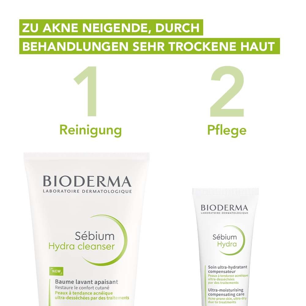 Zwei Produkte: Tube und kleine Tube. Text: Zu Akne neigende, durch Behandlungen sehr trockene Haut. Reinigung und Pflege.