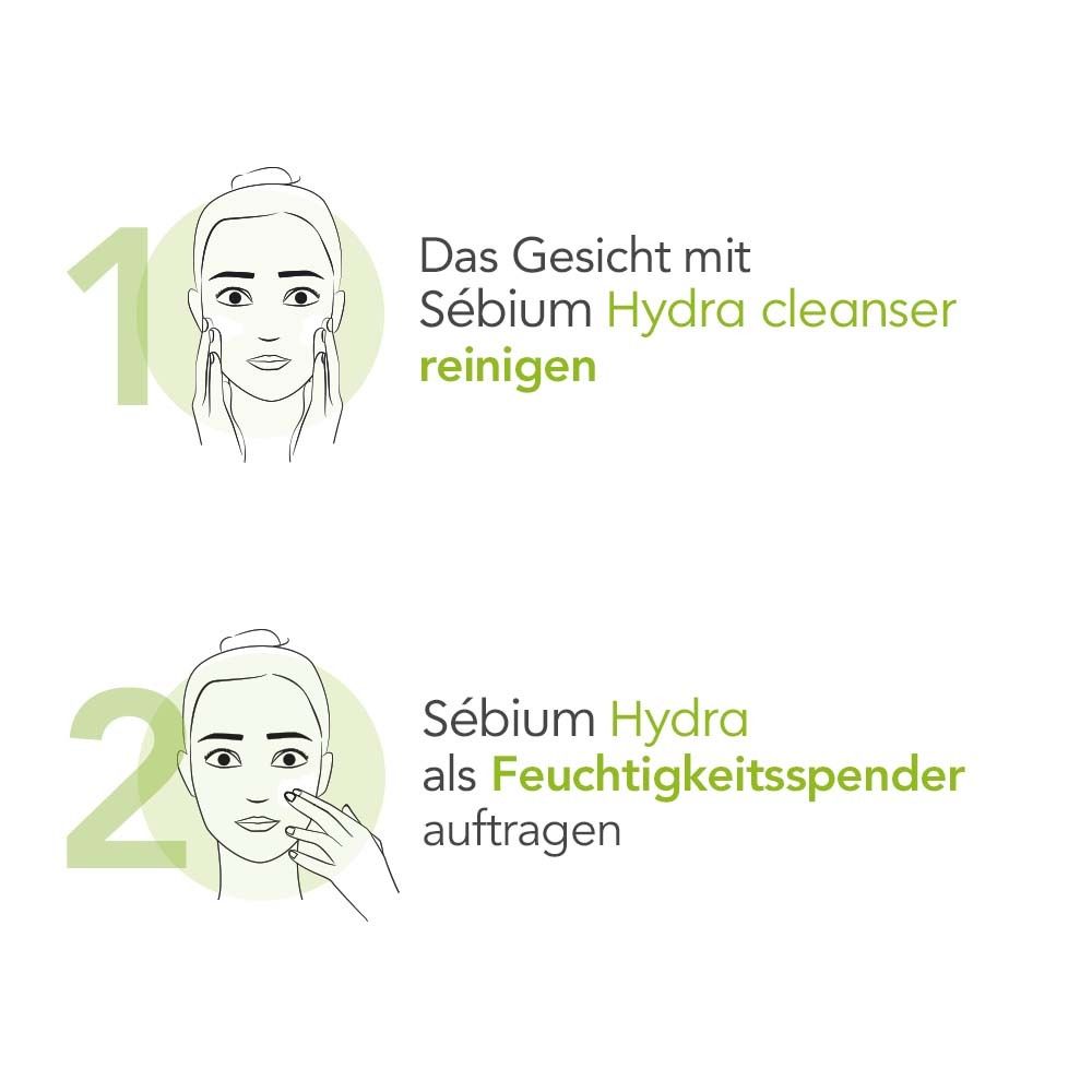 Illustration: Gesicht reinigen und Feuchtigkeitspflege auftragen. Text: Sébium Hydra cleanser.