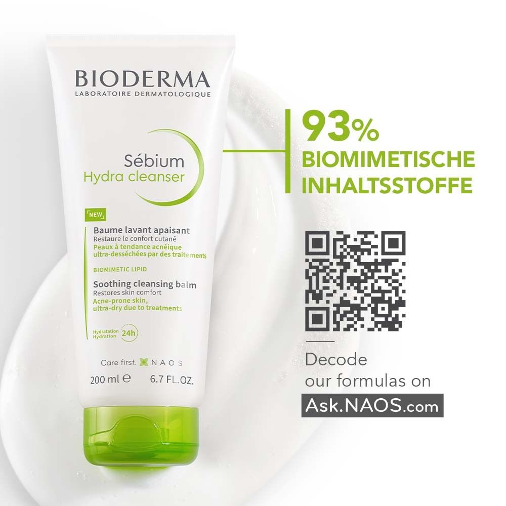 Tube mit Text: BIODERMA, Sébium Hydra cleanser. Text: 93% biomimetische Inhaltsstoffe. QR-Code.