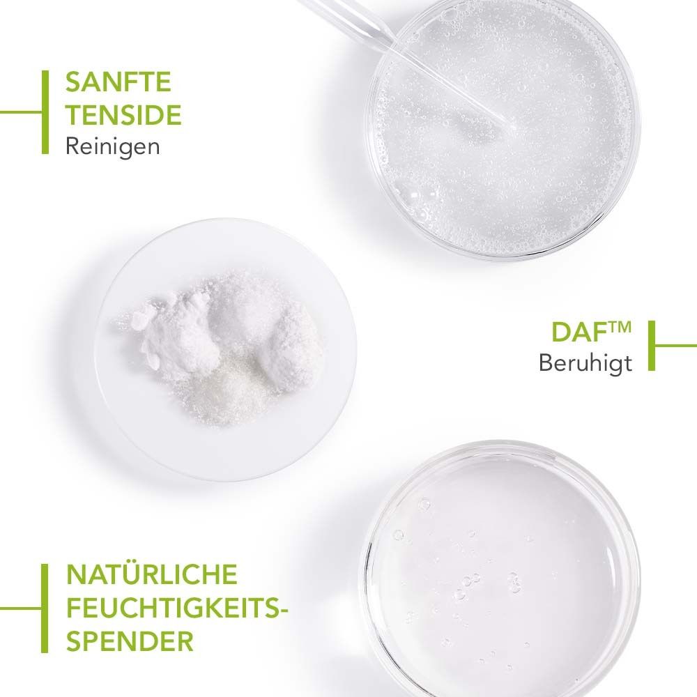 Drei Schalen mit Inhaltsstoffen. Text: Sanfte Tenside, DAF beruhigt, natürliche Feuchtigkeitsspender.