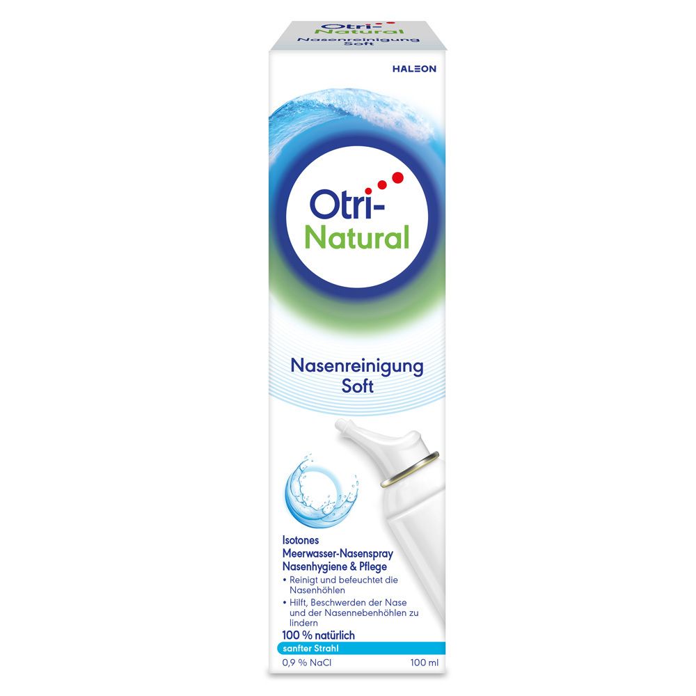 Nasenspray-Packung. Weiß, blau und grün. Otri-Natural Nasenreinigung Soft. Meerwasser-Nasenspray.