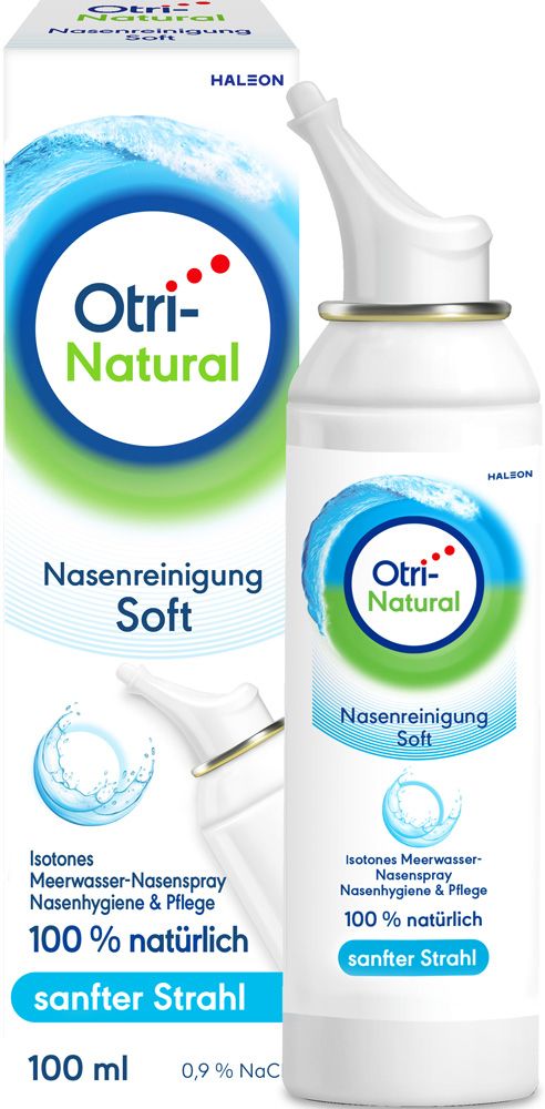 Nasenspray-Flasche und Packung. Weiß, blau und grün. Otri-Natural Nasenreinigung Soft. Meerwasser-Nasenspray.