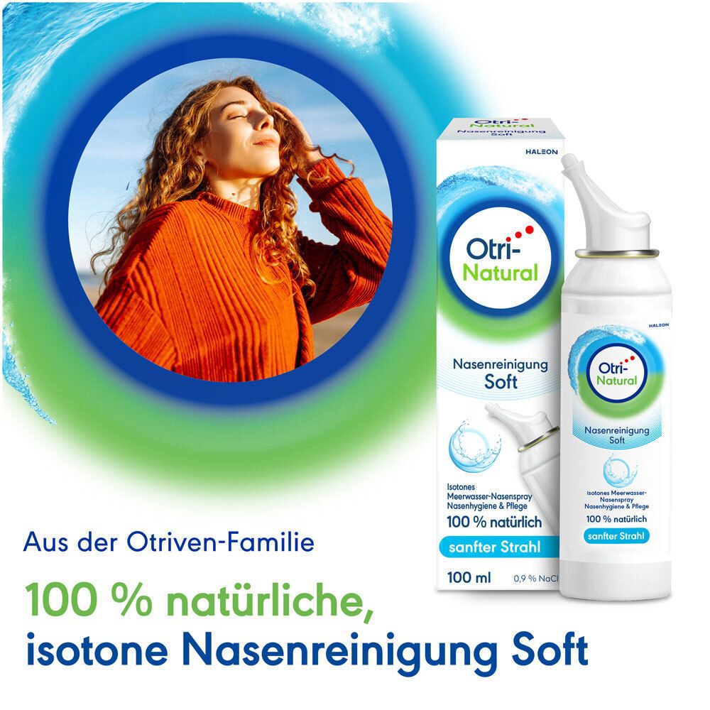 Frau mit Nasenspray-Packung. Otri-Natural Nasenreinigung Soft. 100% natürlich, isotonische Nasenreinigung Soft.